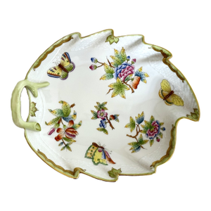 1980s Herend Queen Victoria Leaf Dish Hand Painted Porcelain Butterfly & Floral, Hungary Vbo 201