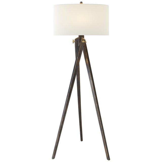 Transitional Chapman & Myers by Visual Comfort Signature Tripod Floor Lamp in Tudor Brown with Linen Shade For Sale - Image 3 of 3