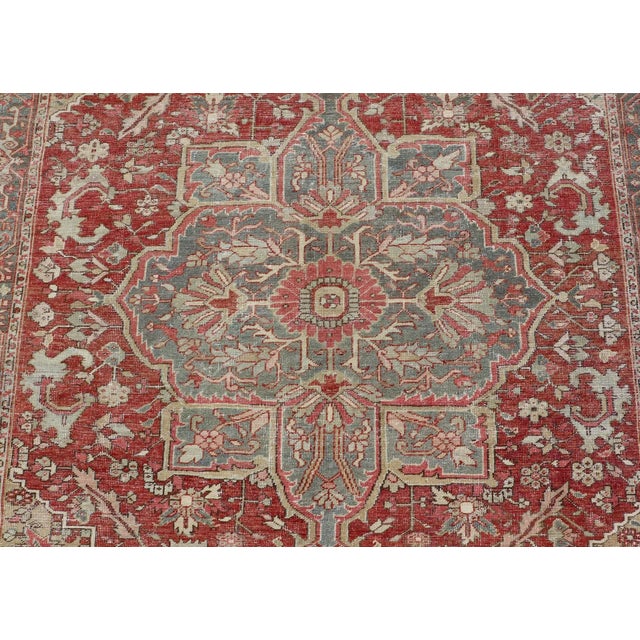 Early 20th Century Antique Heriz Rug With All-Over Floral Medallion Design in Traditional Colors 7'7 X 10'5 For Sale - Image 5 of 11