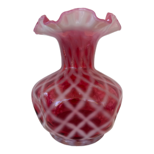 Fenton Cranberry Satin Diamond Optic Vase With Ruffled Rim