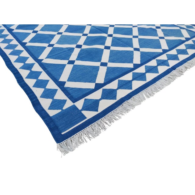 Sky Blue Handmade Cotton Vegetable Dyed Reversible Diamond Cross Rug 8x10 For Sale - Image 8 of 11