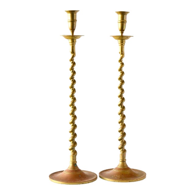Oversized 19" Brass Twist Candlesticks For Sale