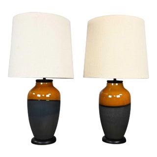 Vintage Mid Century Modern Black Matte & Gold Glazed Large Scale Table Lamps by Carstens Tonnieshof Germany For Sale