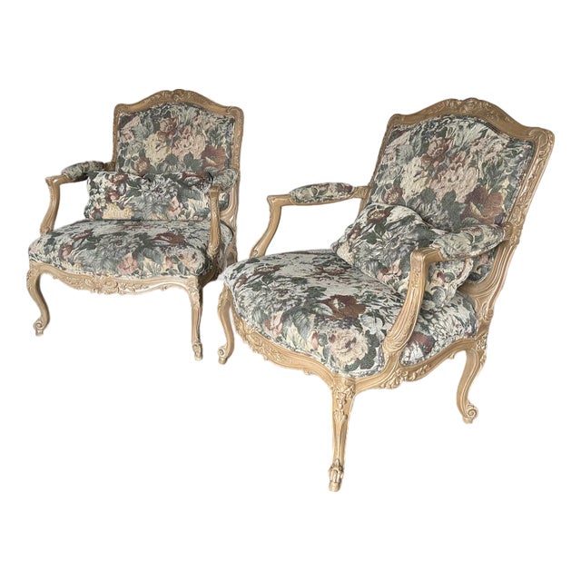 90's Vintage Style Floral Tapestry Arm Chair Set For Sale