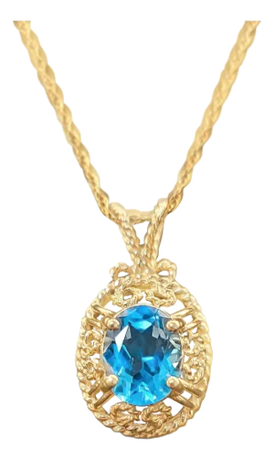 Blue Topaz with Rope Design Necklace 14k Yellow Gold 16"