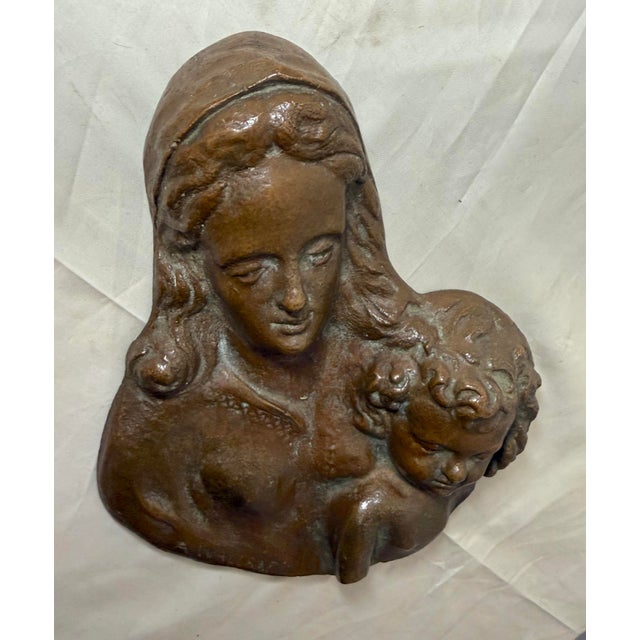 Bronze Antique A. Wallrae Thick Heavy Cast Bronze Religious Baby Jesus Mary Wall Plaque For Sale - Image 8 of 13