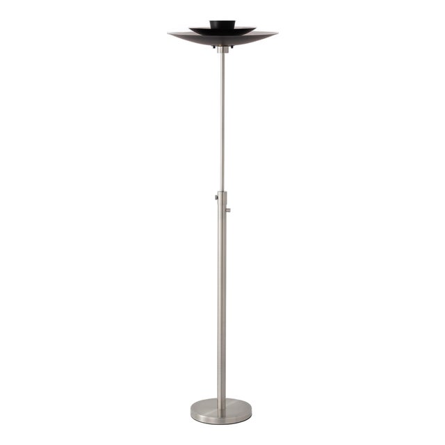 Rancho Mirage Fleur Torchiere Lamp - Matte Black/Silver Shade, Satin Nickel Body, Dimmable For Sale