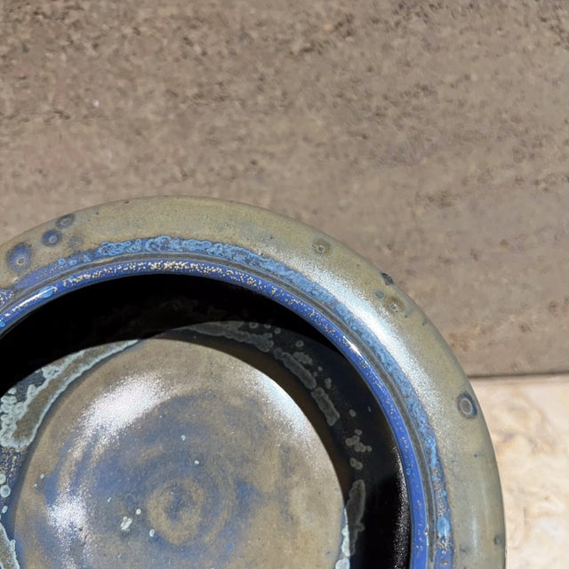 AMBIANIC presents 1970s Zanesville Ohio Modern ceramic art pottery bowl speckled blue Vintage Art Pottery small round...