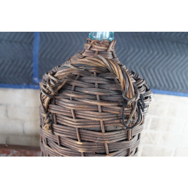 Wood Antique French Wicker Wrapped Green Glass Demijohn Wine Bottle Jug Carboy For Sale - Image 7 of 9