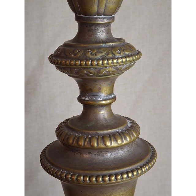 Antique Warsaw Brass Shabbat Candlesticks, 14" Polish Sabbath 19th Century Pair For Sale - Image 9 of 16