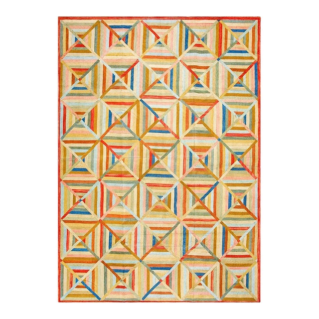 2010s Colorful Diamond Modern Contemporary Cotton American Hooked Rug 6' X 9' Handwoven Carpet For Sale