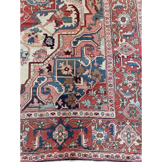 Antique Persian Heriz Carpet Handmade Wool Oriental Rug, Light, Pink, Light Blue For Sale - Image 13 of 18