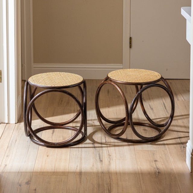 1970s Pair of Vintage Modernist Bent Rattan & Cane Stools / Side Tables, 1970s For Sale - Image 5 of 11