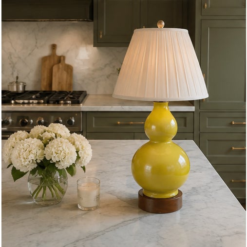 Chinese Monochrome Chartreuse Porcelain Double Gord Lamp With Wooden Base For Sale - Image 11 of 12