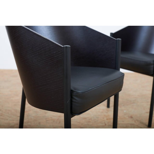 Costes Chair Set in Black Lacquered Tubular Steel Frame, Molded Plywood Seat and Leather by Philippe Starck, 1984, Set of 6 For Sale - Image 14 of 17