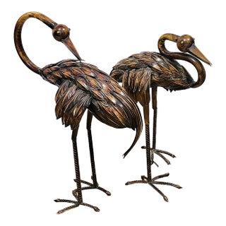 Pair of Bronze Flamingo Crane Sculptures – Mid-Century Modern, Lost Wax Cast For Sale