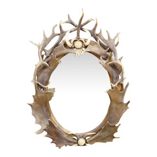 Antique Black Forest Mirror With Antler Arrangement Ca. 1920s For Sale
