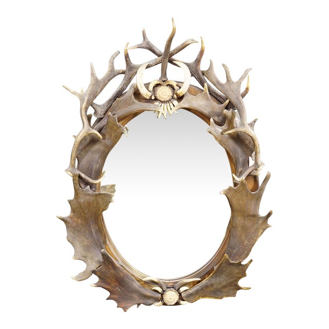 Antique Black Forest Mirror With Antler Arrangement Ca. 1920s For Sale