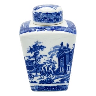 Vintage Victoria Ware Blue & White Ironstone Square Tea Caddy For Sale