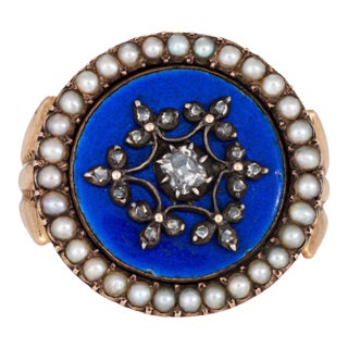 Antique Victorian Diamond Pearl Ring 10k Rose Gold Sz 5 Blue Enamel Jewelry For Sale