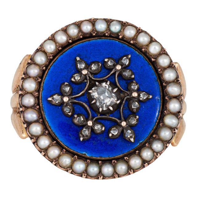 Antique Victorian Diamond Pearl Ring 10k Rose Gold Sz 5 Blue Enamel Jewelry For Sale