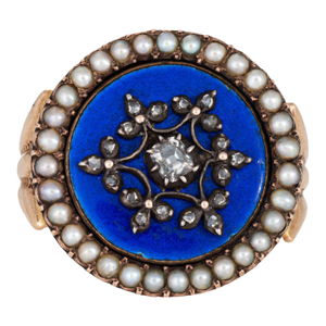 Antique Victorian Diamond Pearl Ring 10k Rose Gold Sz 5 Blue Enamel Jewelry