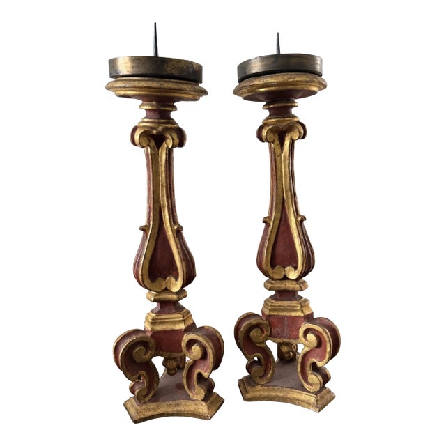 Pair of Antique Italian Giltwood Candlesticks With Red Painted Finish For Sale