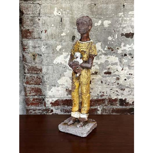 Stone Primitive Cement Sculpture of Boy with Dog, USA, 1945 For Sale - Image 7 of 9