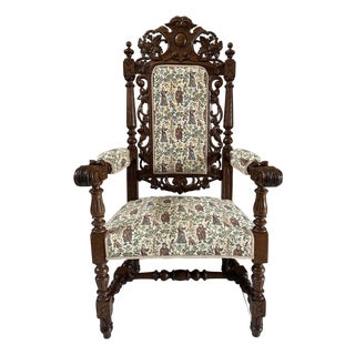 French Louis XIII Hunting Style Carved Walnut Armchair, Circa 1860 For Sale