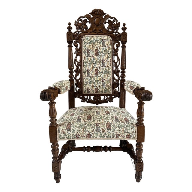 French Louis XIII Hunting Style Carved Walnut Armchair, Circa 1860 For Sale