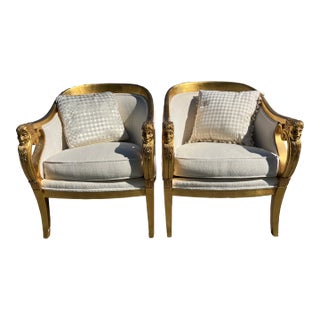 1950s Companion Pair Louis XVI Style Gold Gilt Upholstered Arm Chairs For Sale