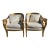 1950s Companion Pair Louis XVI Style Gold Gilt Upholstered Arm Chairs For Sale