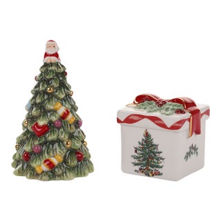 Spode Christmas Tree Gold Figural Tree & Gift Salt and Pepper Gift Boxed Set For Sale