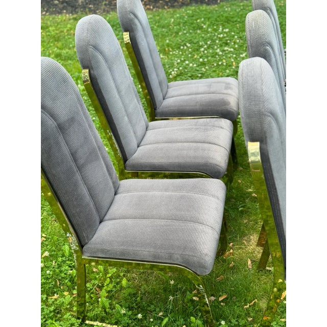 Postmodern Vintage Hollywood Regency Brass Upholstered Dining Chairs- Set of 6 For Sale - Image 11 of 12
