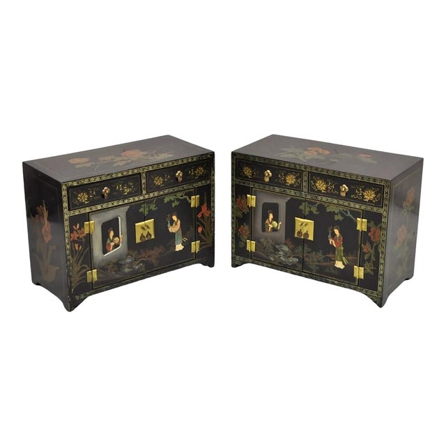 Vintage Chinese Small Asian Black Lacquer Painted Cabinets - a Pair For Sale