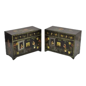 Vintage Chinese Small Asian Black Lacquer Painted Cabinets - a Pair
