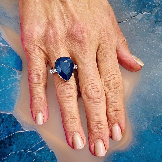 Metal Natural Sapphire Diamond Ring Size 6.5 14k W Gold 17.73 TCW Certified For Sale - Image 7 of 13