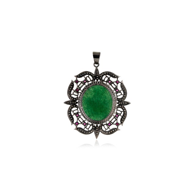 Ornate Floral Carved Green Aventurine Victorian Pendant- Anniversary Gifts For Sale - Image 6 of 12