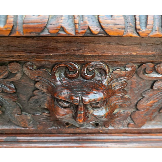 Early 19th Century Antique Circa 1830 English Jacobean Revival Oak Server With Carved Grotesque Masks and Barley Twist Supports For Sale - Image 5 of 18