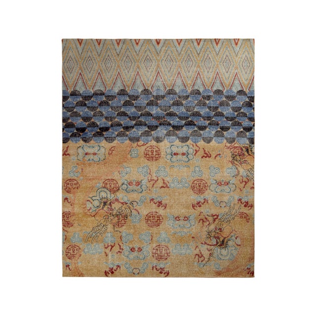 Textile Handknotted Multi Patterned Chinese Dragon Rug, Orange and Blue, 9'x12' For Sale - Image 7 of 7