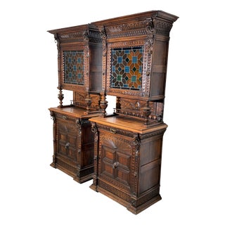 Antique Neo-Renaissance Oak Display Cabinets with Stained Glass, Set of 2 For Sale