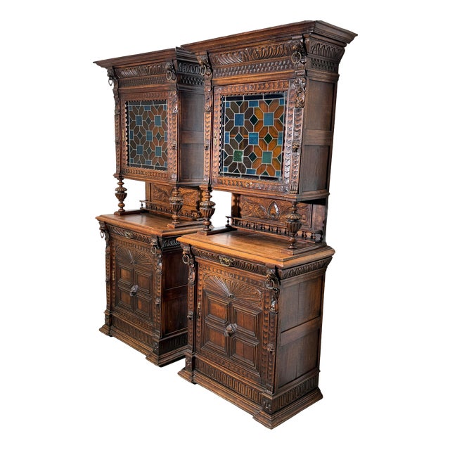 Antique Neo-Renaissance Oak Display Cabinets with Stained Glass, Set of 2 For Sale