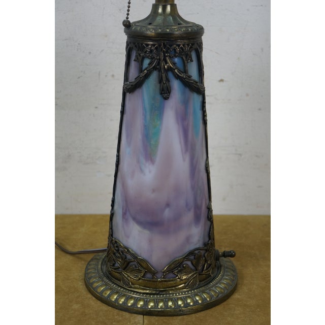 Antique Victorian Aesthetic Arts Nouveau Stained Slag Glass Parlor Lamp 25" For Sale - Image 10 of 17