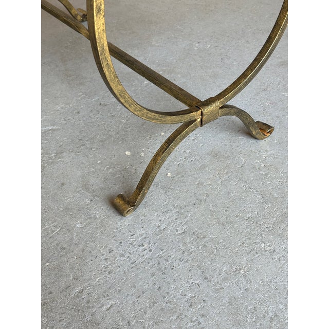 Vintage Inspired Spanish Gilt Iron Bench With Scrolled Base and Striped Ticking Upholstery For Sale - Image 12 of 12