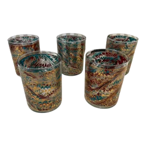 1950s 22-Karat Gold Culver Peacock Pattern Red/Teal Glasses - Set of 5