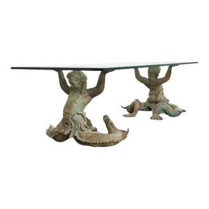 Italian Bronze Neoclassical Putti DI Mare Mermaid Cocktail Table