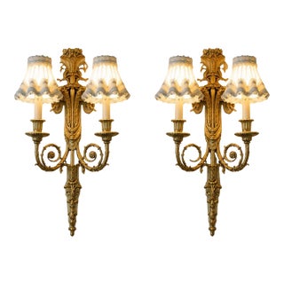 1860 French Artisan Louis XVI Gold Bronze Silk Sconces-Pair For Sale