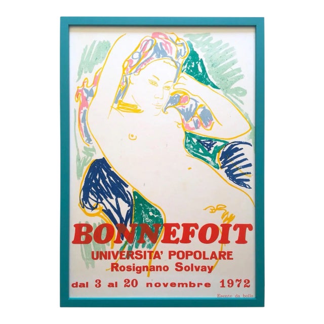 Alain Bonnefoit Vintage 1972 Silkscreen Print Framed Collector's Italian Exhibition Poster " Femme Nue Allongee " For Sale