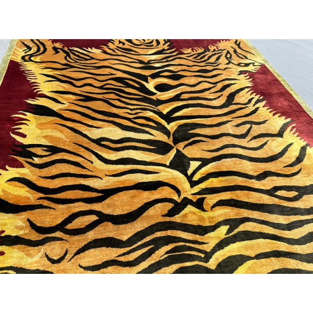 Golden Yellow Silk Tiger Design Pictorial Rug – Handmade Tribal Caucasian Rug For Sale - Image 10 of 11