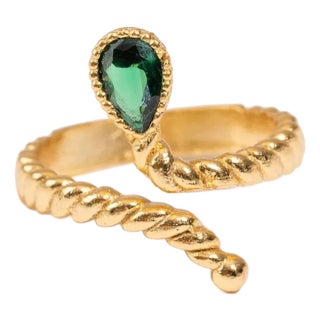 Emerald Glow Teardrop Green Gemstone Gold Adjustable Ring, Size 8 For Sale